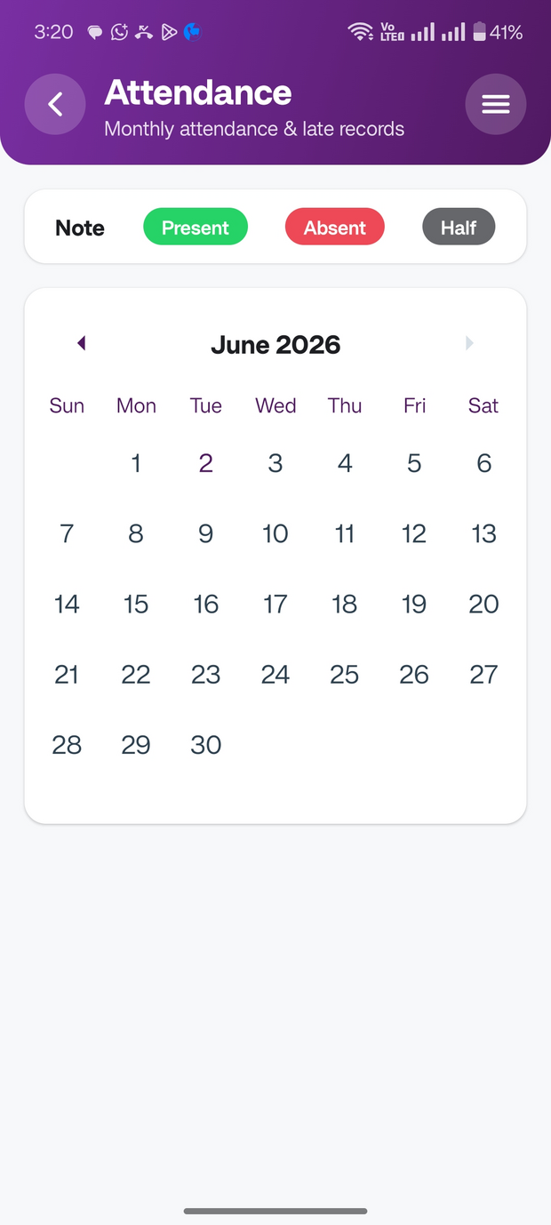 Pebble Campus app attendance screen: a monthly calendar with a present, absent and half-day legend