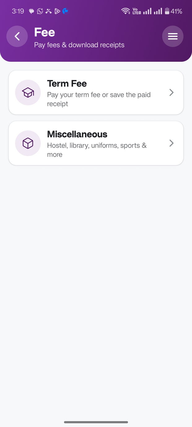 Pebble Campus parent app Fee screen showing Term Fee and Miscellaneous options with the subtitle pay fees and download receipts