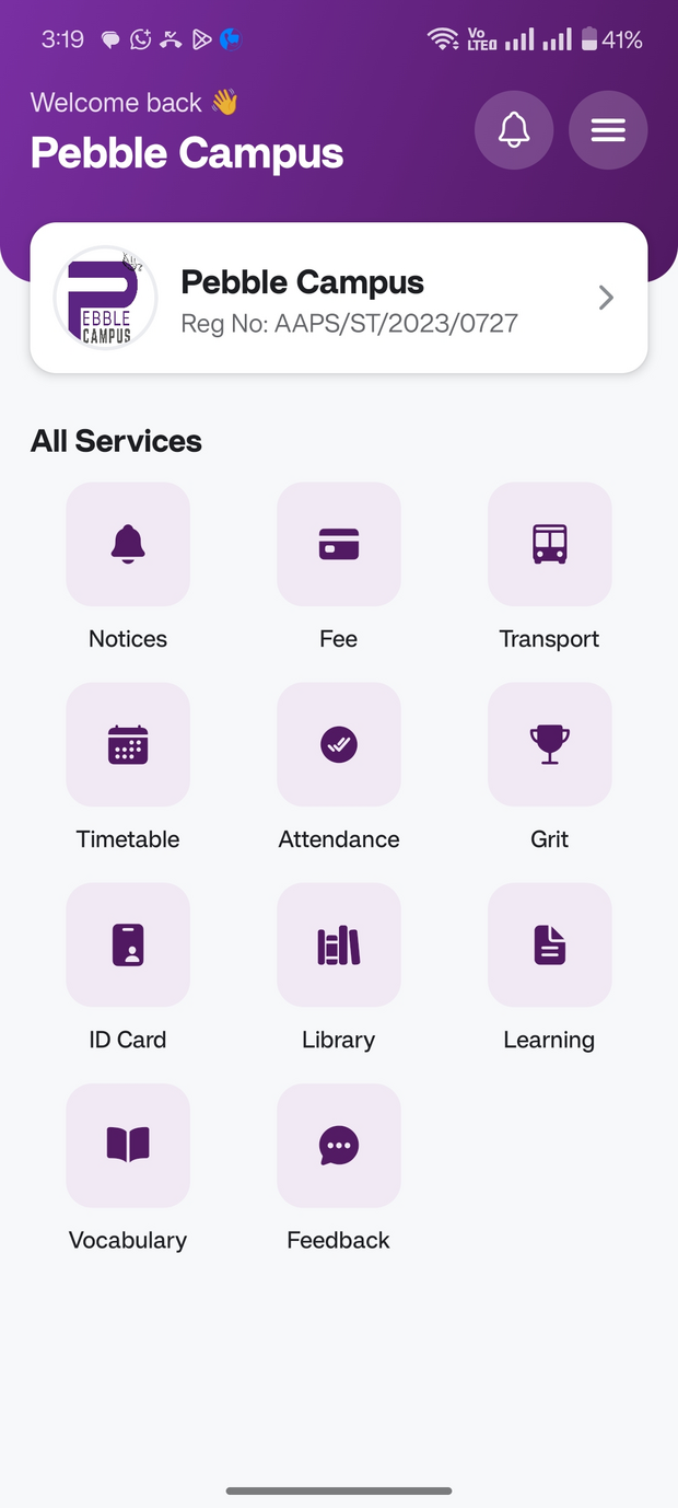 Pebble Campus app home screen with the All Services grid — Notices, Fee, Transport, Timetable, Attendance, Grit, ID Card, Library, Learning, Vocabulary and Feedback