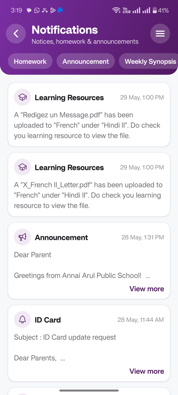 Pebble Campus app notifications screen listing learning resources, announcements and ID card requests