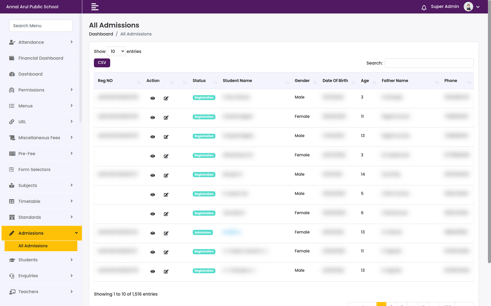 All Admissions table with registration number, status, student name, gender, date of birth, age, father name and phone columns