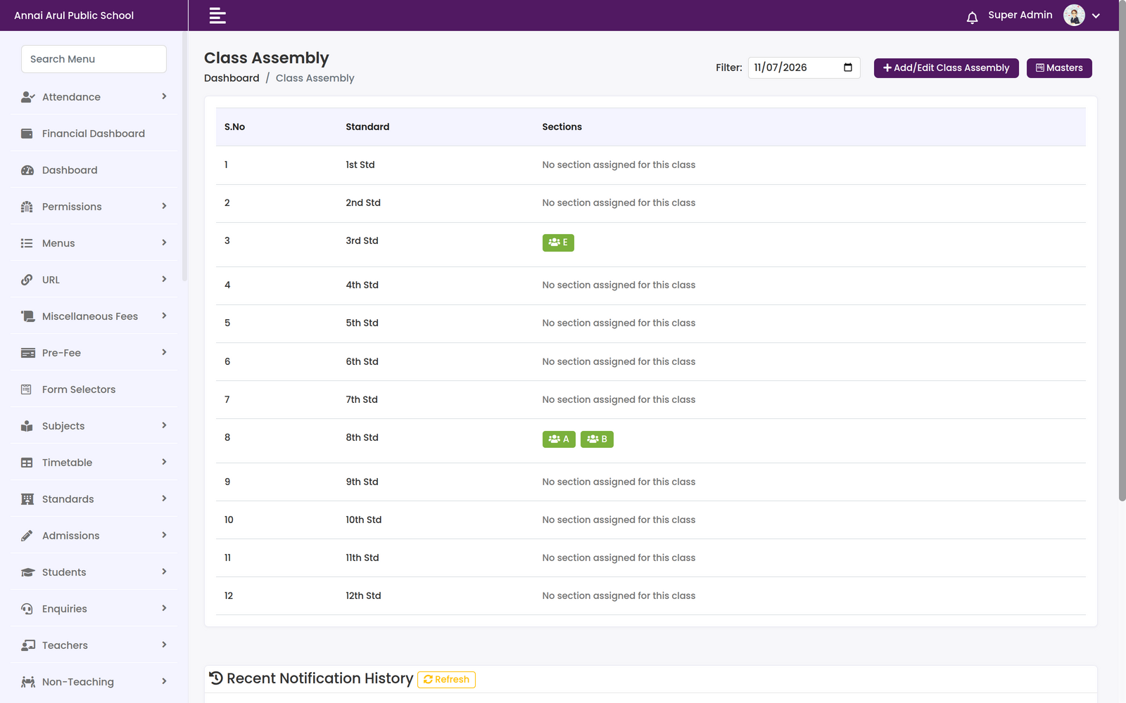 Class Assembly screen filtered to a date, listing standards with the sections assigned to assembly and a recent notification history below
