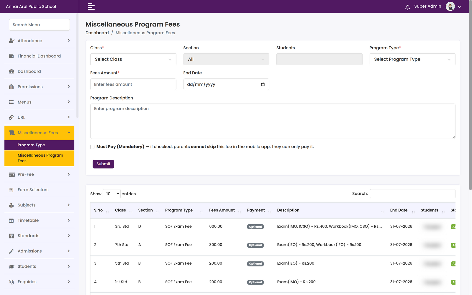 Miscellaneous Program Fees screen with class, section, students and program type selectors, a fees amount and end date, and a table of existing programme fees
