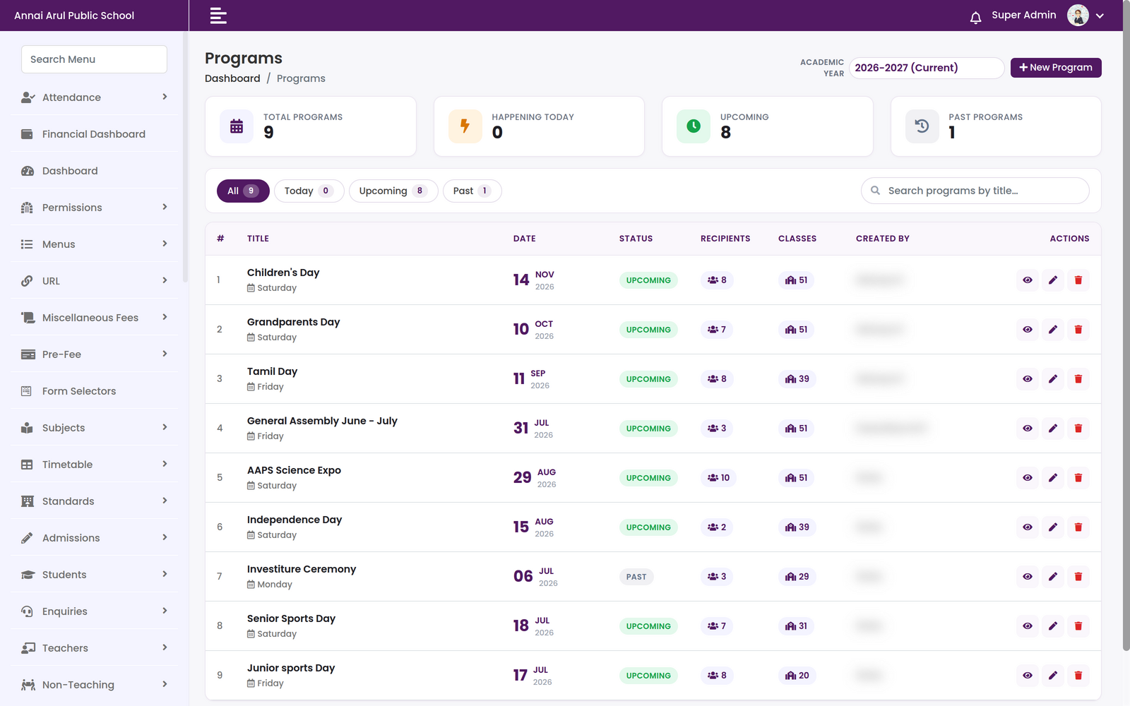 Programs screen for the 2026-2027 academic year showing total, today, upcoming and past counts and a list of programmes with dates, status, recipients and classes