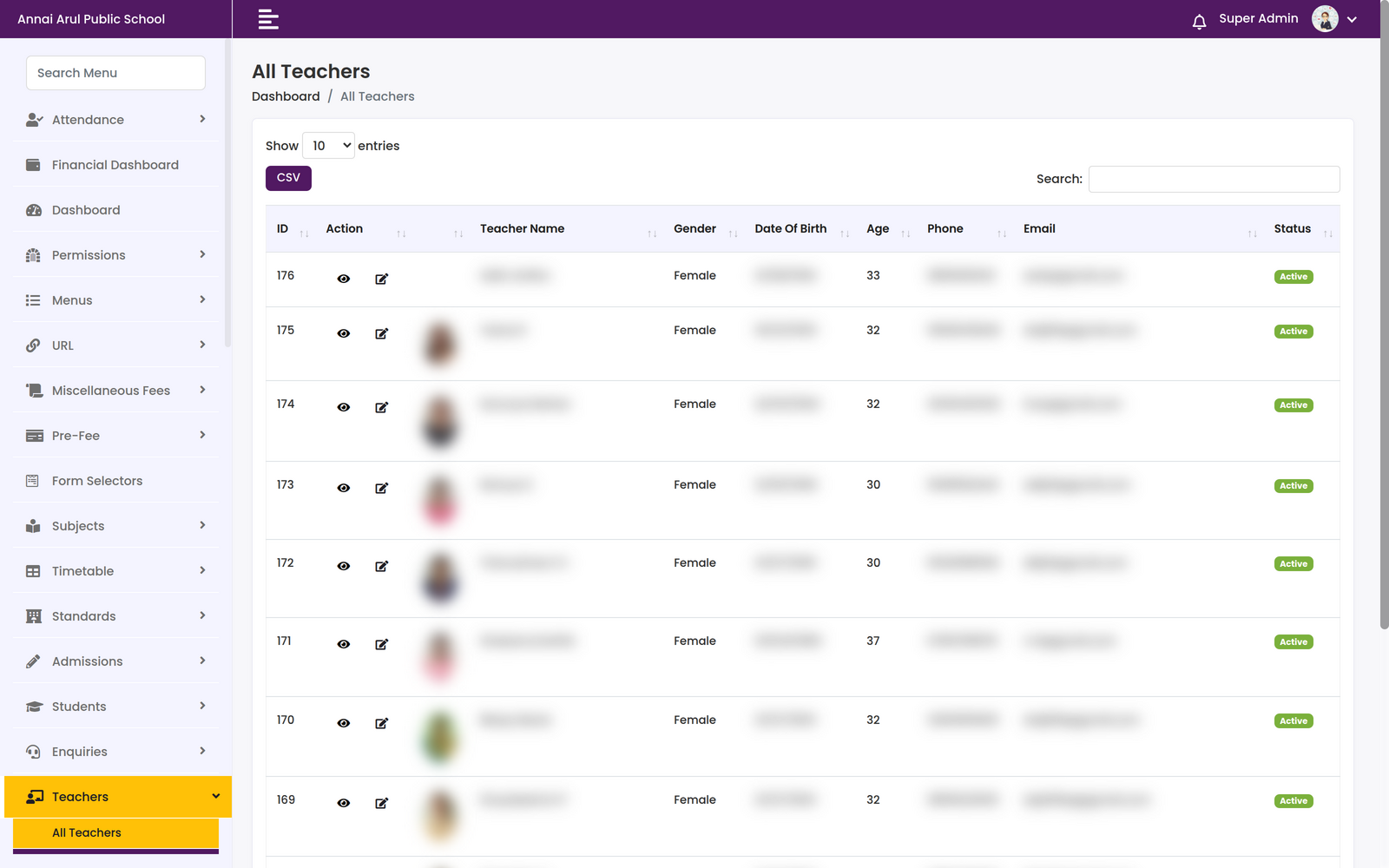 All Teachers table with ID, photo, teacher name, gender, date of birth, age, phone, email and Active status columns