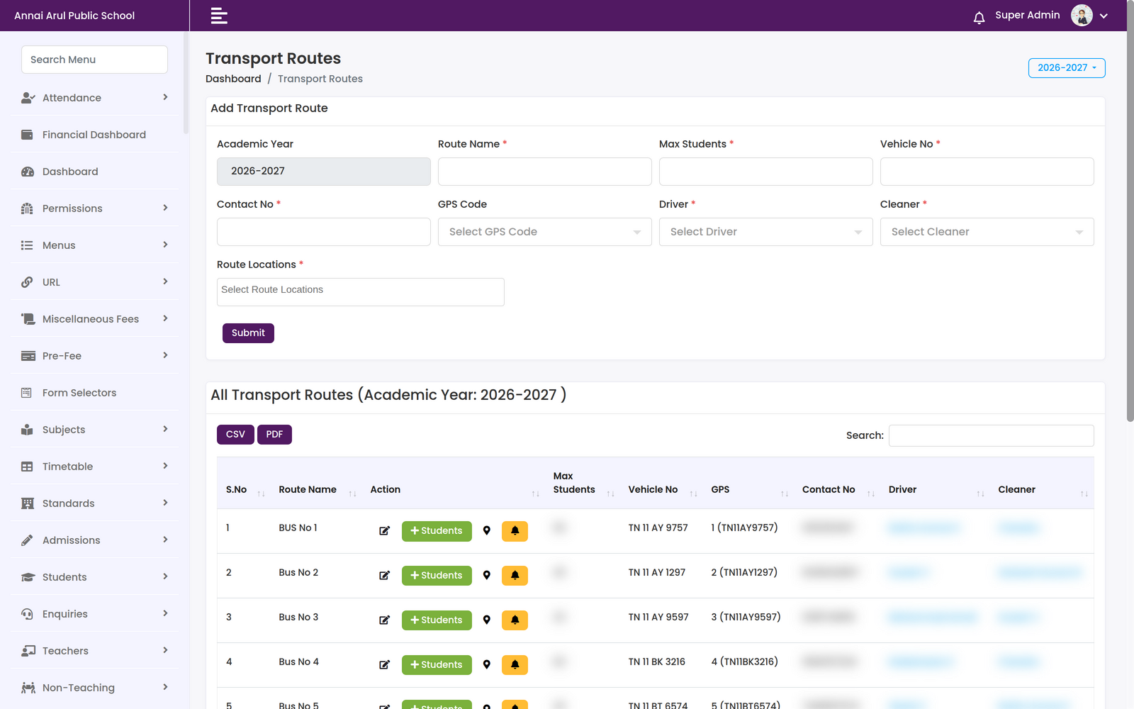 Transport Routes screen with an add-route form for route name, max students, vehicle number, GPS code, driver, cleaner and route locations, above the list of existing bus routes
