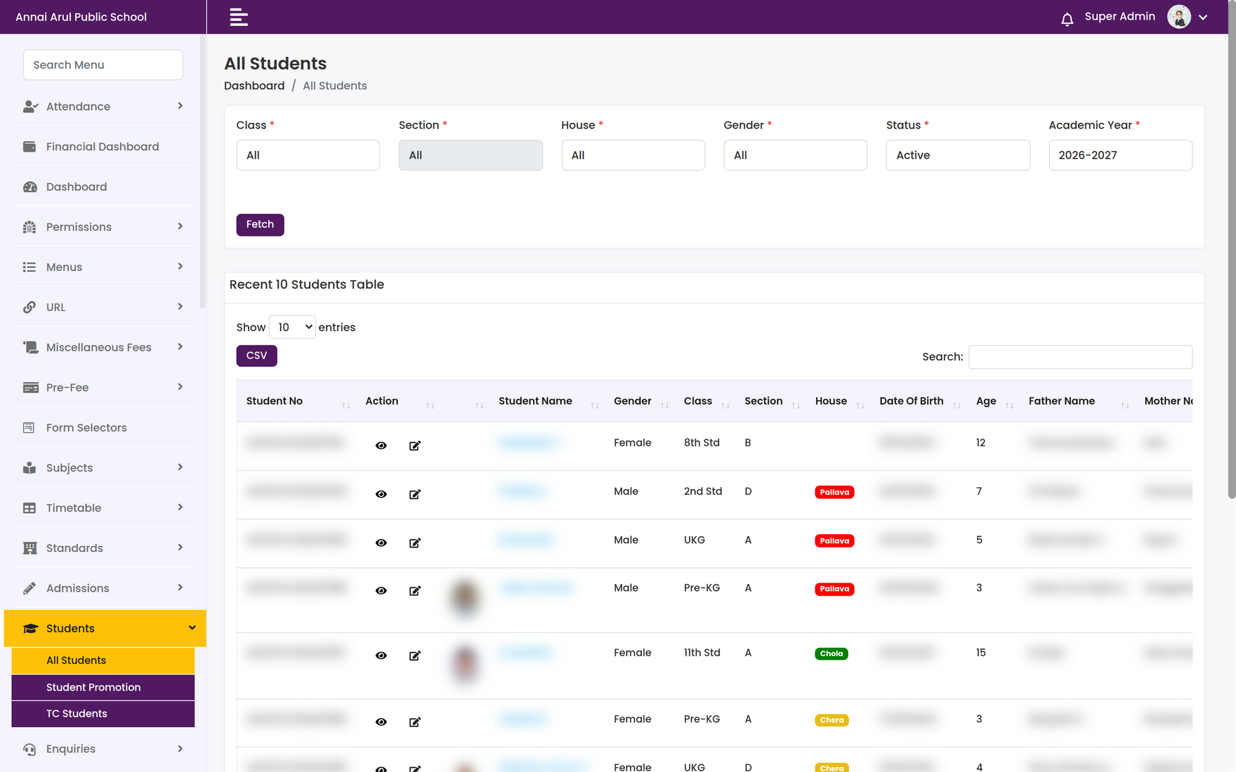 All Students screen with class, section, house, gender, status and academic year filters above a student table